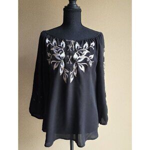 White House Black Market Embroidered Black Blouse | Boho Chic
